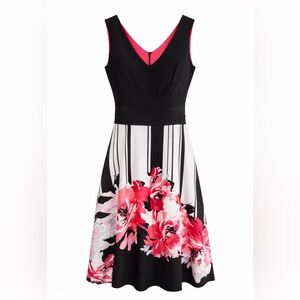 Frank Lyman Design Black and Pink Floral Midi Dress